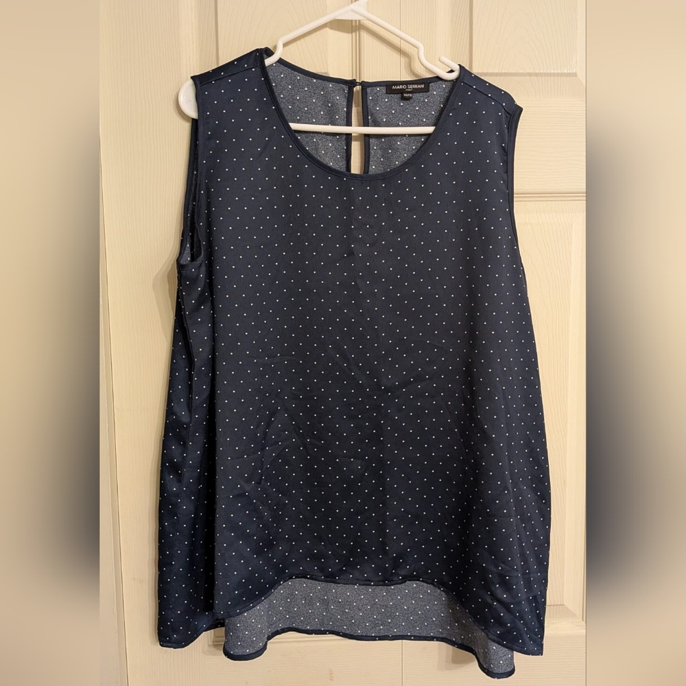 🤯 2/$15 Mario Serrani Navy Blue White Polka Dot Sleeveless Blouse, Size XXL